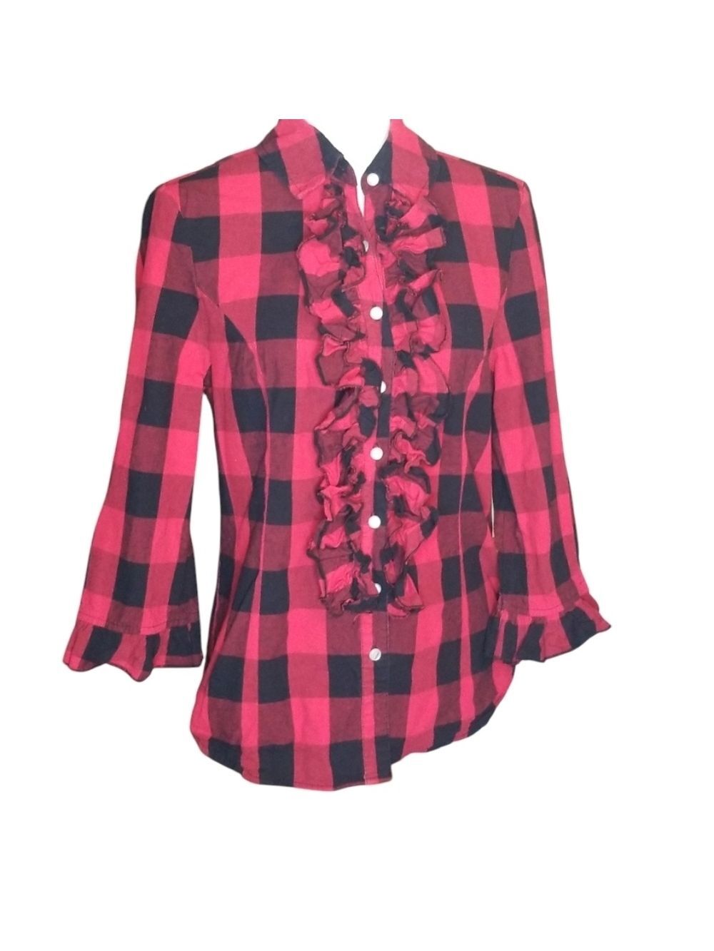 LAL "Live a Little" Blouse Ruffle Button Down Red and Black Plaid Size Large